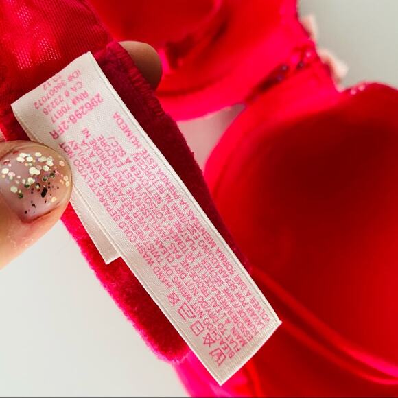 NEW VS VICTORIAS SECRET Red Pink Lace Floral Ribbon Padded UnderwireDemi Bra 32C - Picture 7 of 7